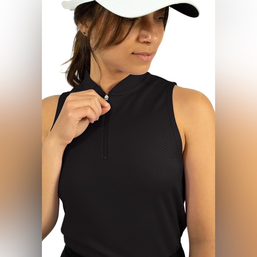 NWT Three Sixty Six Womens Sleeveless Collarless Golf Polo Shirt with Zipper